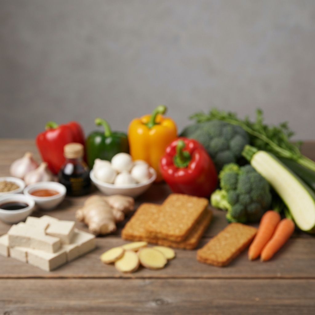 Blurred arrangements of plant-based foods and condiments